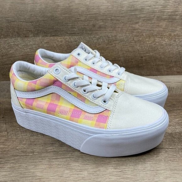 Vans Shoes - VANS Old Skool Stackform Platform Pastel Picnic Pink Plaid Shoes Womens 7 NEW